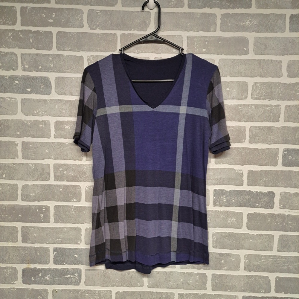 Burberry Womens Nova Check Print Plaid V-Neck Blouse‎ Blue/Gray Size (S/M)